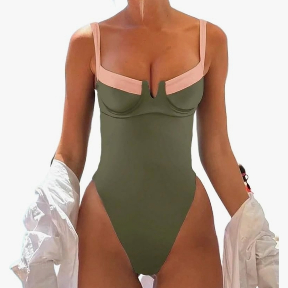 Olive Green and Pink Women's Swimsuit